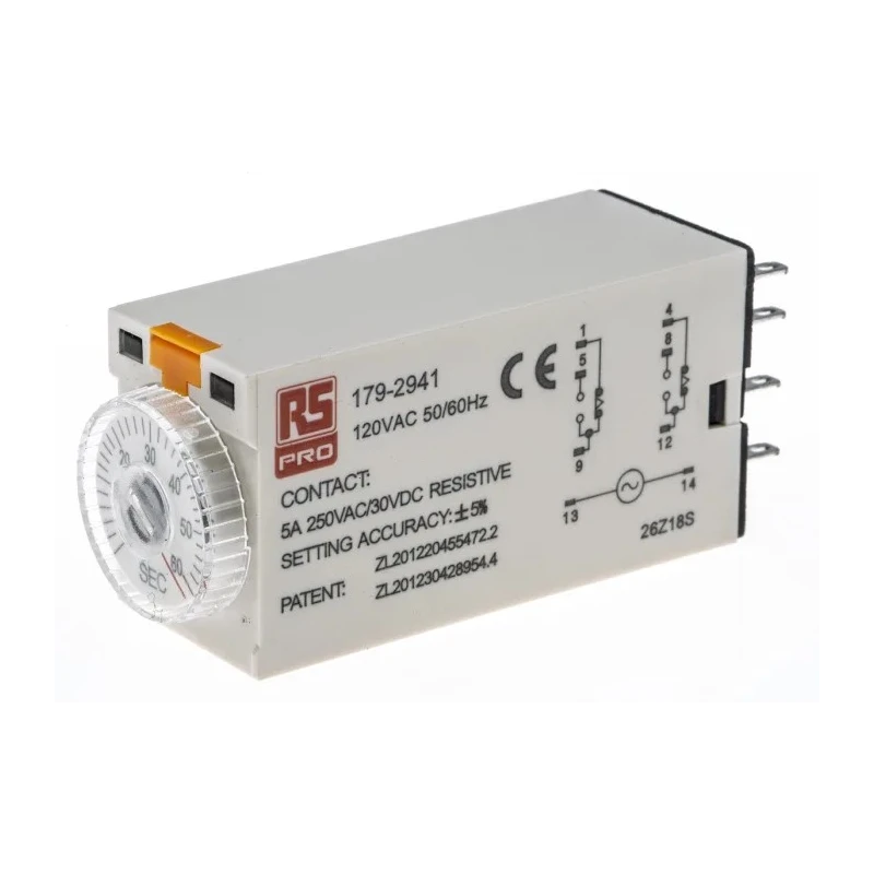 RS PRO Timer Relay, 2-Contact, 12 V DC 110V AC, 2 to 60 Seconds Timing, 1-Function, DPDT Switch Configuration 179-2941