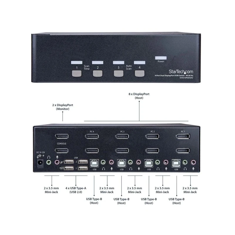 StarTech.com 4 Port Dual Display USB DisplayPort KVM Switch 3.5 mm Stereo Audio 3840 x 2160 Pixel Maximum SV431DPDDUA2