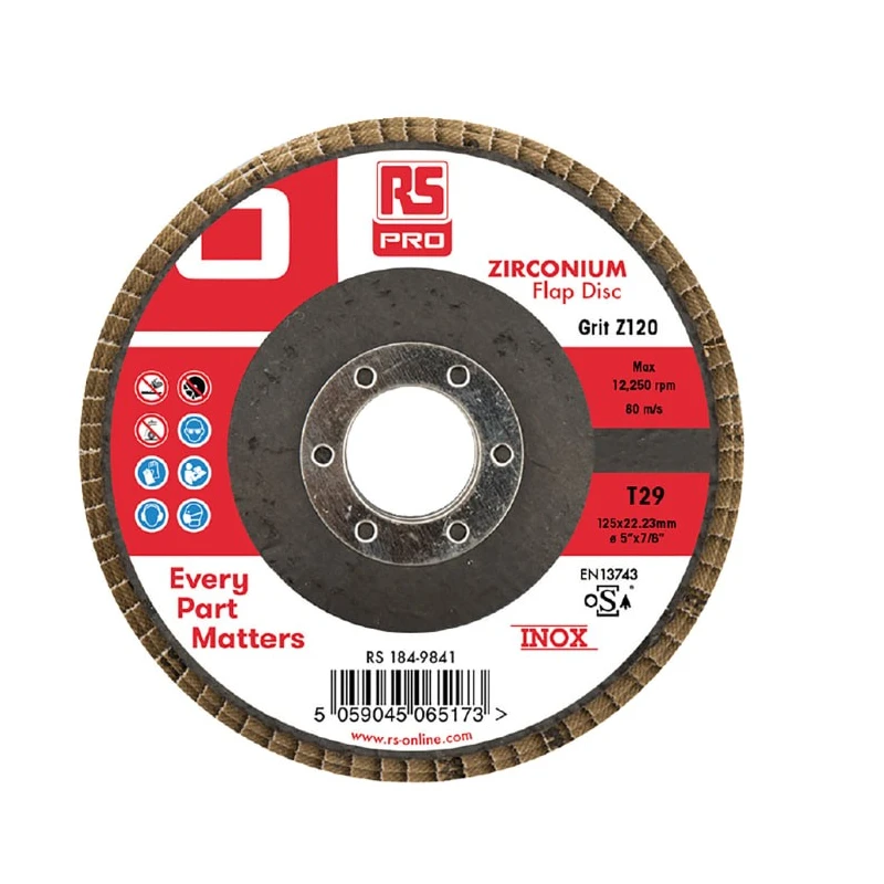 RS PRO Zirconium Flap Disc, 125 mm Diameter, P120 Grit, Grade 120+, Quick Change Attachment 184-9841