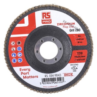 RS PRO Zirconium Flap Disc Abrasive Disc 115 mm Diameter, P80 Grit Grade, Quick Change Attachment, 5 Per Pack 184-9843