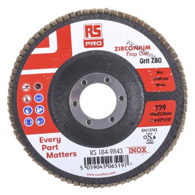 RS PRO Zirconium Flap Disc Abrasive Disc 115 mm Diameter, P80 Grit Grade, Quick Change Attachment, 5 Per Pack 184-9843
