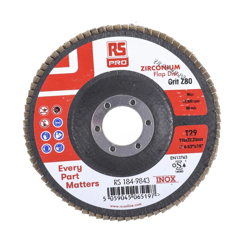 RS PRO Zirconium Flap Disc Abrasive Disc 115 mm Diameter, P80 Grit Grade, Quick Change Attachment, 5 Per Pack 184-9843
