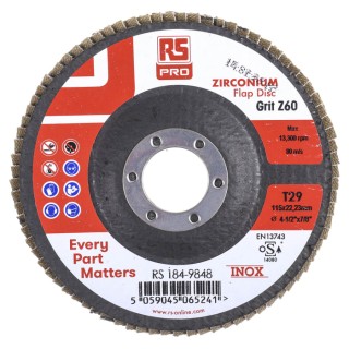 RS PRO Zirconium Flap Disc, 115 mm, Medium Grade, P60 Grit, Quick Change Attachment, Pack of 5 184-9848