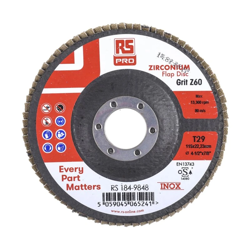 RS PRO Zirconium Flap Disc, 115 mm, Medium Grade, P60 Grit, Quick Change Attachment, Pack of 5 184-9848