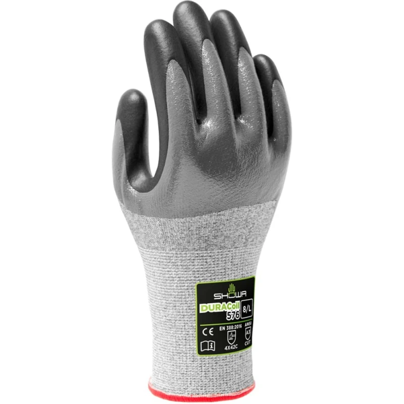 Showa Cut Resistant Work Gloves Grey HPPE Polyester Nitrile Foam Coating Size 8 SHO577