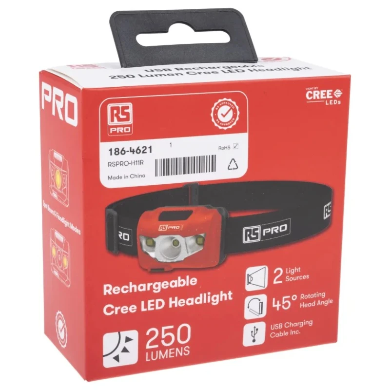 RS PRO Rechargeable LED Head Torch 250 lm 66 m, IPX6 Waterproof, Lithium-Polymer Battery, Adjustable Head Strap 186-4621