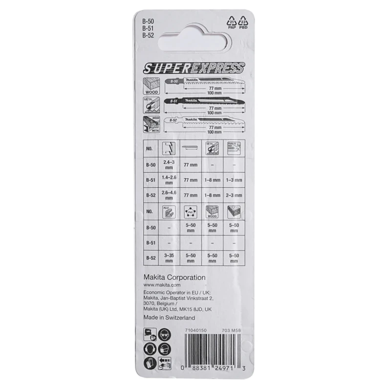 Makita Jigsaw Blade Metal Wood High Speed Steel, 75mm Cutting Length, Pack of 3 Blades B-06292