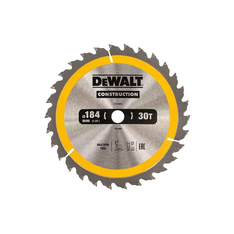 DeWALT Circular Saw Blade 184mm Diameter 30 Teeth Alternate Top Bevel Carbide Teeth DT1940-QZ