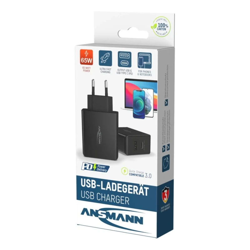 Ansmann Regulated AC/DC Adapter 65W Power 20V DC Output, 3A Current 2 Outputs EU Plug 1001-0096