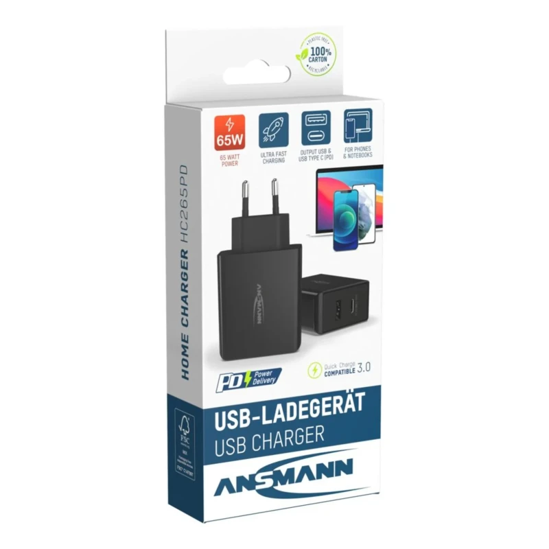 Ansmann Regulated AC/DC Adapter 65W Power 20V DC Output, 3A Current 2 Outputs EU Plug 1001-0096