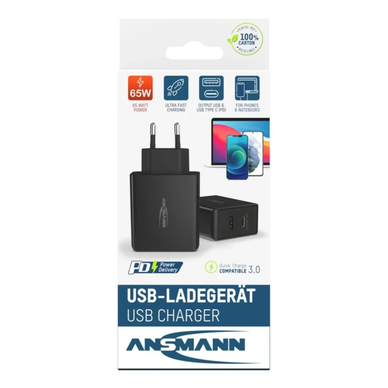 Ansmann Regulated AC/DC Adapter 65W Power 20V DC Output, 3A Current 2 Outputs EU Plug 1001-0096