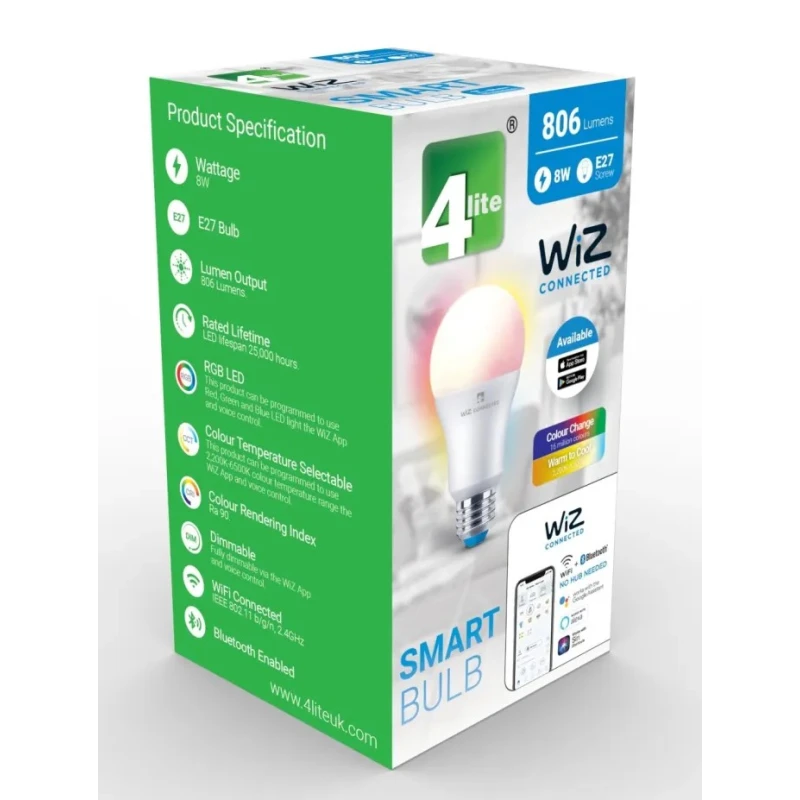 4lite UK 8 W E27 LED Smart Bulb White 6500k Bluetooth Communication 806lm L60 4L1/8003