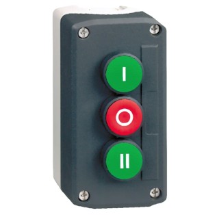 Schneider Electric Spring Return Push Button Control Station Polycarbonate 3 Cutouts 2 NO/1 NC, Green, Red, I/O/II XALD339