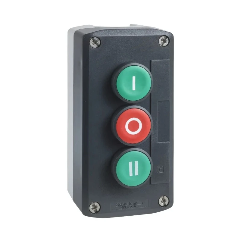 Schneider Electric Spring Return Push Button Control Station Polycarbonate 3 Cutouts 2 NO/1 NC, Green, Red, I/O/II XALD339