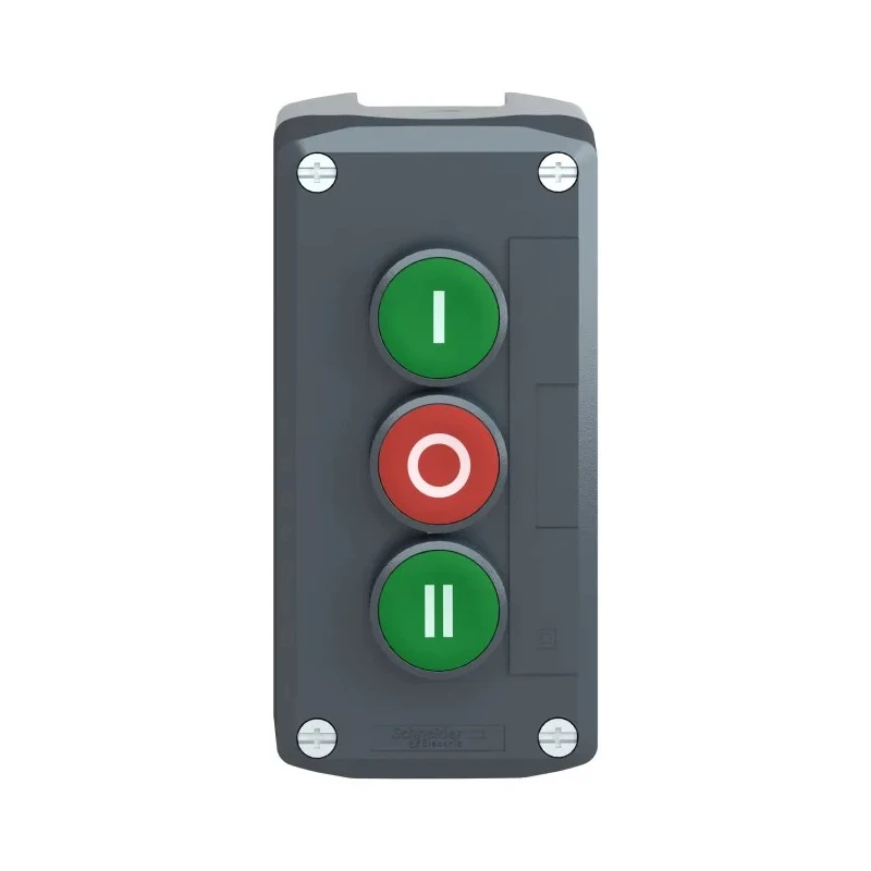 Schneider Electric Spring Return Push Button Control Station Polycarbonate 3 Cutouts 2 NO/1 NC, Green, Red, I/O/II XALD339