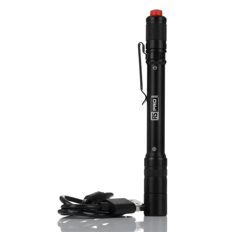 RS PRO LED High-Performance Rechargeable Pen Torch Black Aluminium Body 3.7V Li-ion 375 lm 152 mm 239-7027