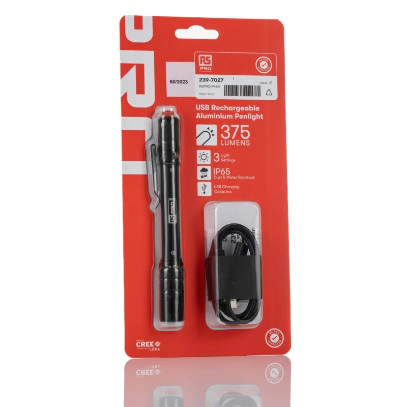 RS PRO LED High-Performance Rechargeable Pen Torch Black Aluminium Body 3.7V Li-ion 375 lm 152 mm 239-7027