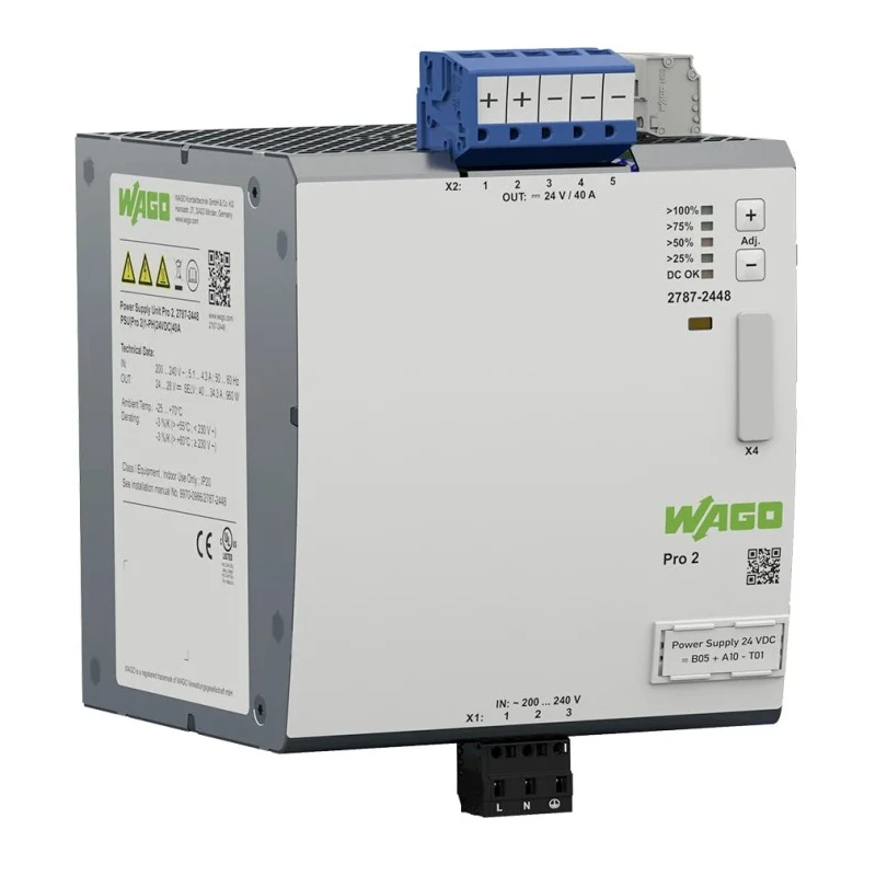WAGO 2787 Series DIN Rail Power Supply 230V AC/DC Input 24V DC, 40A Output, 960W 2787-2448