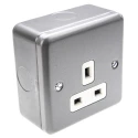 MK Electric 13A Grey 1 Gang Plug Socket Metalclad Plus Indoor Type G 230V Screwless Surface Flush Mount K848 ALM