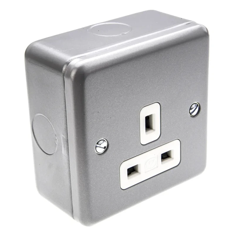 MK Electric 13A Grey 1 Gang Plug Socket Metalclad Plus Indoor Type G 230V Screwless Surface Flush Mount K848 ALM