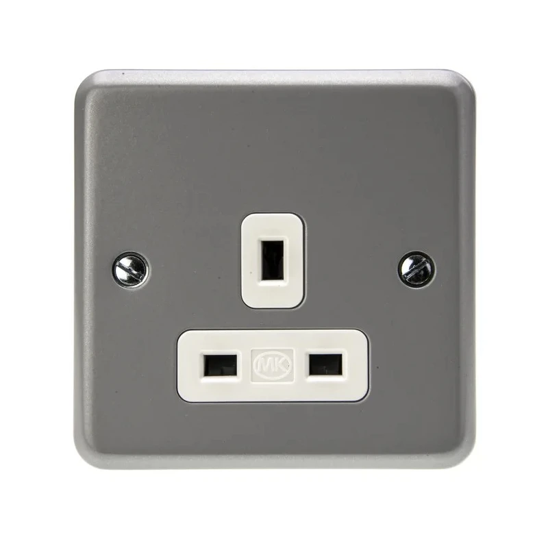MK Electric 13A Grey 1 Gang Plug Socket Metalclad Plus Indoor Type G 230V Screwless Surface Flush Mount K848 ALM