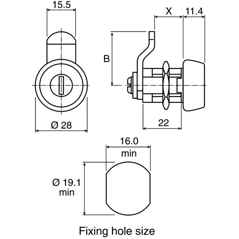 Euro-Locks a Lowe & Fletcher group Company Stainless Steel Camlock, 22 mm Panel-to-Tongue, Key Unlock 1414014