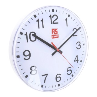 RS PRO White Analogue Wall Clock 300 mm Diameter Plastic Case Shatterproof 1 AA Battery 440-9568