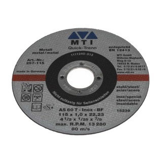 MTI Aluminium Oxide Abrasive Cutting Disc 115 mm Diameter 1 mm Thickness 22.2 mm Bore Size 257-115