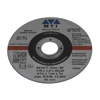 MTI Aluminium Oxide Abrasive Cutting Disc 115 mm Diameter 1 mm Thickness 22.2 mm Bore Size 257-115
