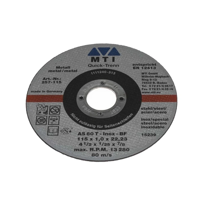 MTI Aluminium Oxide Abrasive Cutting Disc 115 mm Diameter 1 mm Thickness 22.2 mm Bore Size 257-115