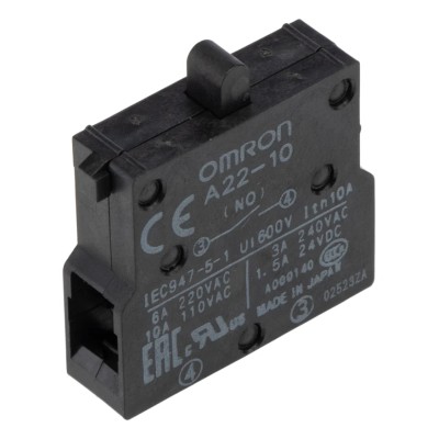Omron Push Button Contact Block for A22 Series, 24V AC, 10A, 1NO, Screw Terminal A22-10