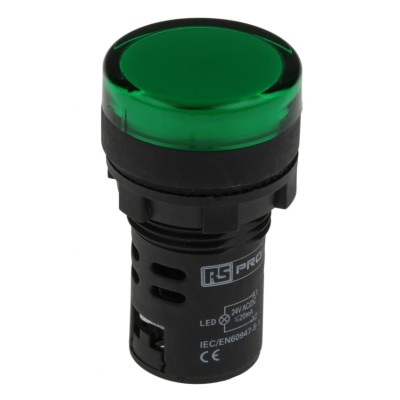 RS PRO Panel Mount Green LED Pilot Light 22 mm Cutout, 24V AC/DC, IP65 Rated, Round 763-7918
