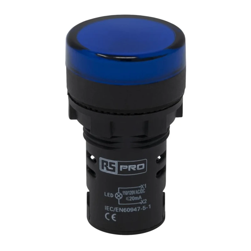 RS PRO Panel Mount Blue LED Pilot Light 22 mm Cutout 110V ac IP65 Round 763-7930