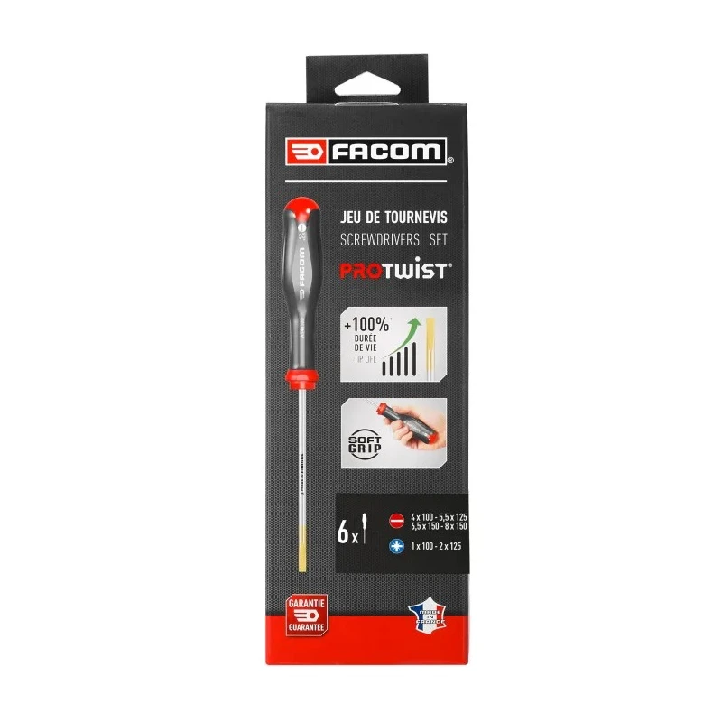 Facom Pozidriv Standard Screwdriver Set, 6-Piece, Slotted (3.5-6.5 mm) and Pozidriv (PZ1-PZ2) ATD.J6PB