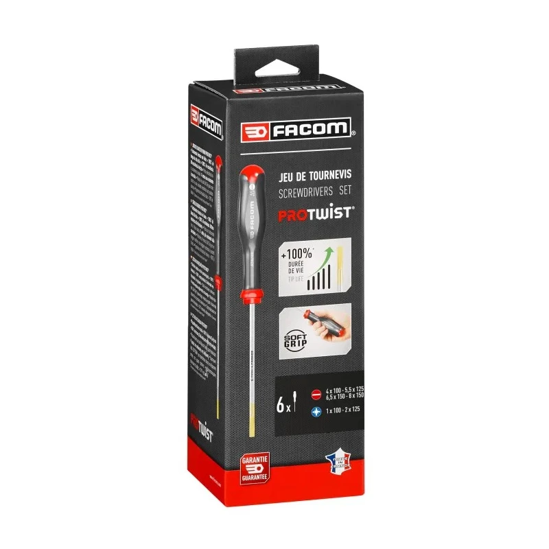 Facom Pozidriv Standard Screwdriver Set, 6-Piece, Slotted (3.5-6.5 mm) and Pozidriv (PZ1-PZ2) ATD.J6PB
