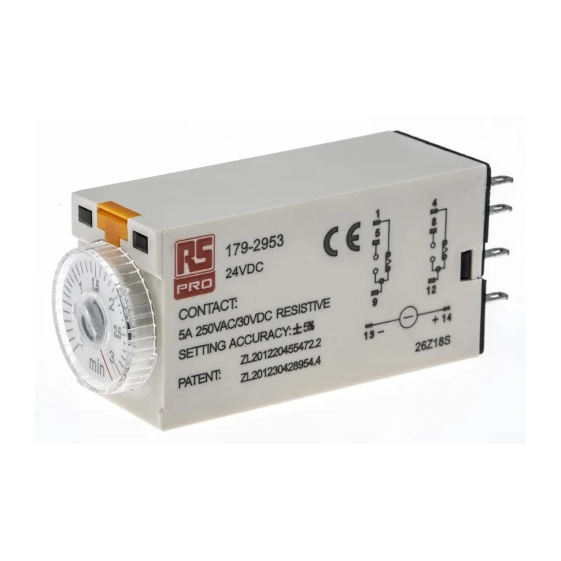 RS PRO Timer Relay, 2-Contact, 24 V dc 24V ac, 0.1 to 3 min Time Range, 1-Function, DPDT Switch Configuration 2-Contact