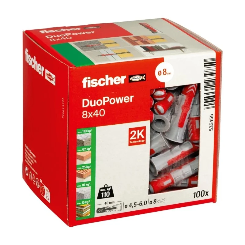 Fischer Fixings Nylon Screw Anchor 40 mm Length 8 mm Drill Diameter 15 mm Max Fixing Thickness 535455