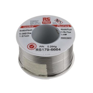 RS PRO Lead Solder Wire 1.57 mm Diameter, 40% Lead, 60% Tin, Rosin Flux, 183°C Melting Point 179-6664