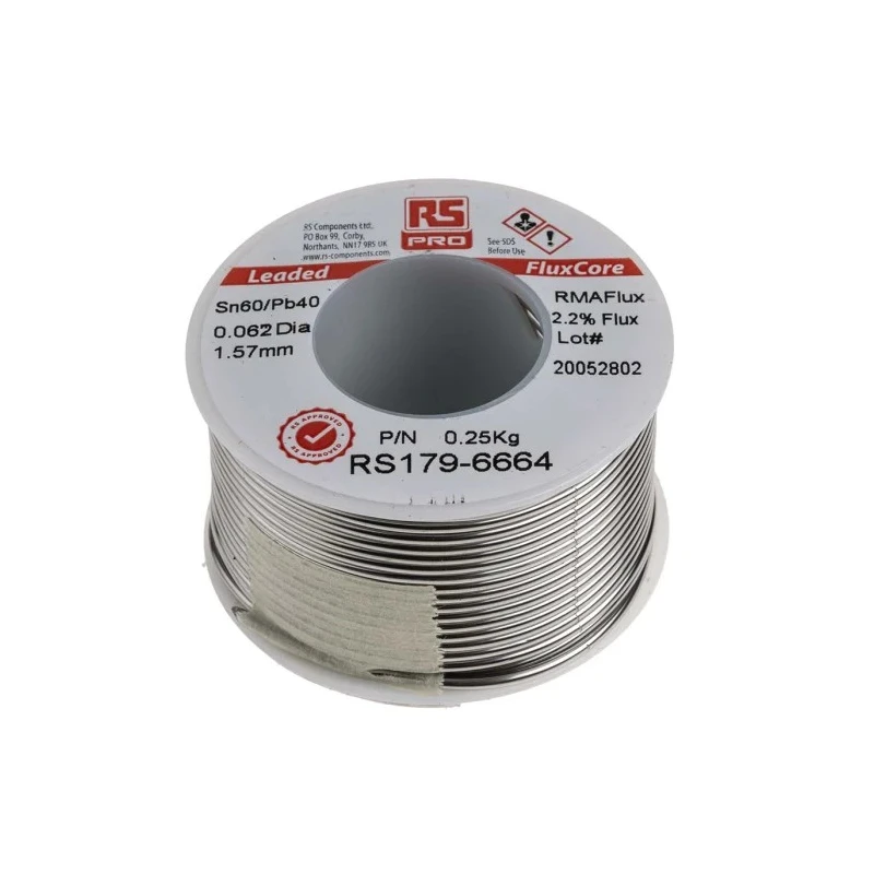RS PRO Lead Solder Wire 1.57 mm Diameter, 40% Lead, 60% Tin, Rosin Flux, 183°C Melting Point 179-6664