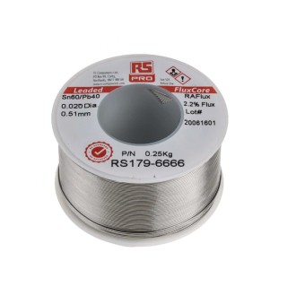RS PRO Lead Solder Wire 0.5 mm Diameter, 60% Tin 40% Lead, Rosin Flux, 183°C Melting Point 179-6666