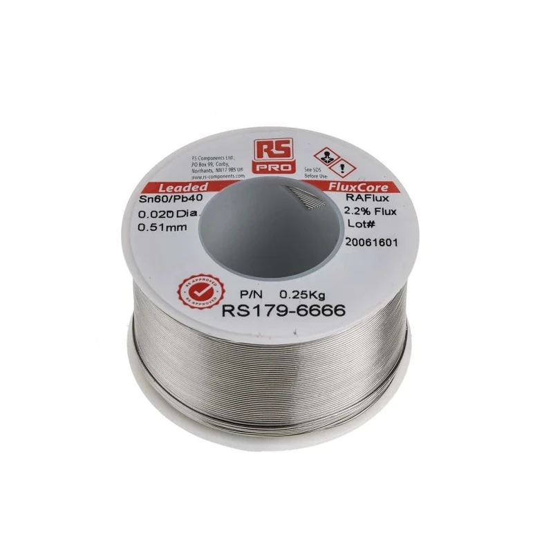RS PRO Lead Solder Wire 0.5 mm Diameter, 60% Tin 40% Lead, Rosin Flux, 183°C Melting Point 179-6666