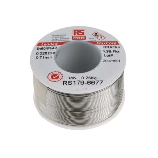 RS PRO Lead Solder Wire 0.7mm Diameter 40% Lead 60% Tin Rosin Flux 183°C Melting Point 250g 179-6677