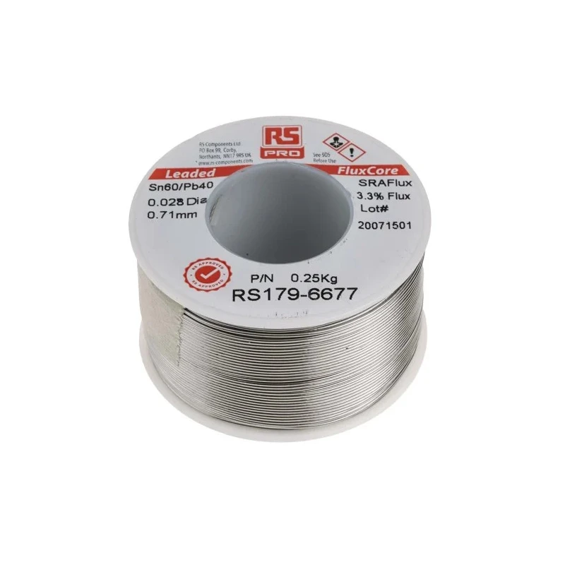 RS PRO Lead Solder Wire 0.7mm Diameter 40% Lead 60% Tin Rosin Flux 183°C Melting Point 250g 179-6677