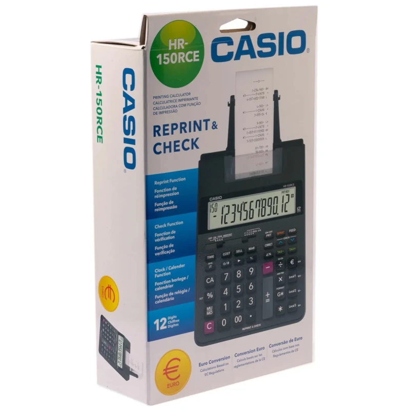 Casio Black Rectangular Printing Calculator HR150RCE with 12-Digit LCD Display, Battery and Mains Powered