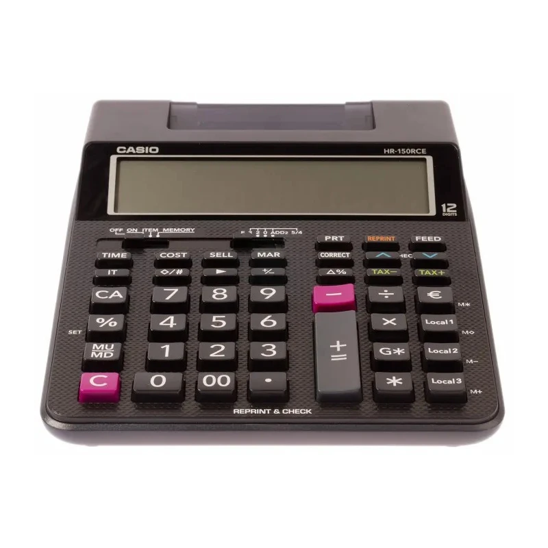 Casio Black Rectangular Printing Calculator HR150RCE with 12-Digit LCD Display, Battery and Mains Powered