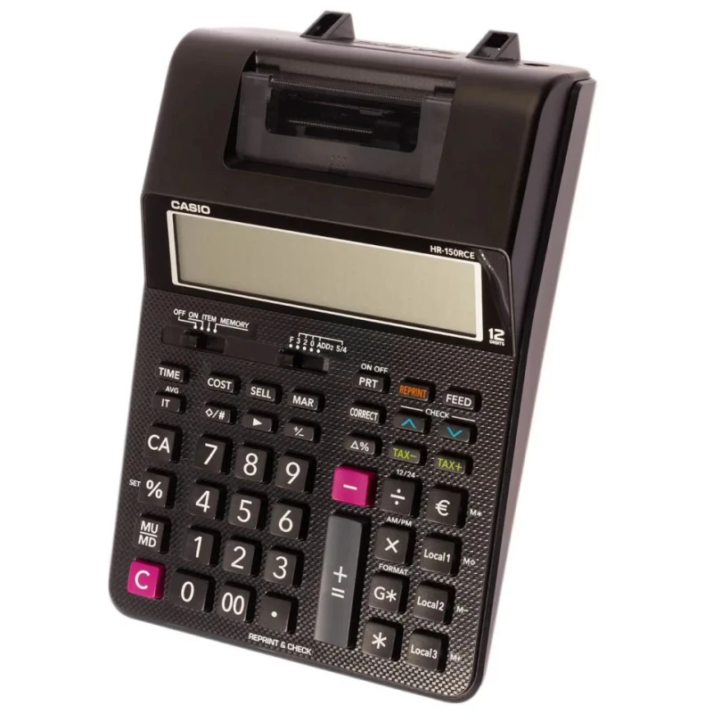 Casio Black Rectangular Printing Calculator HR150RCE with 12-Digit LCD Display, Battery and Mains Powered