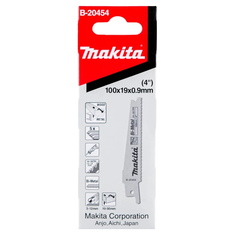 Makita Reciprocating Saw Blade 5-Piece 100mm Bi-Metal, 18 Teeth Per Inch B-20454