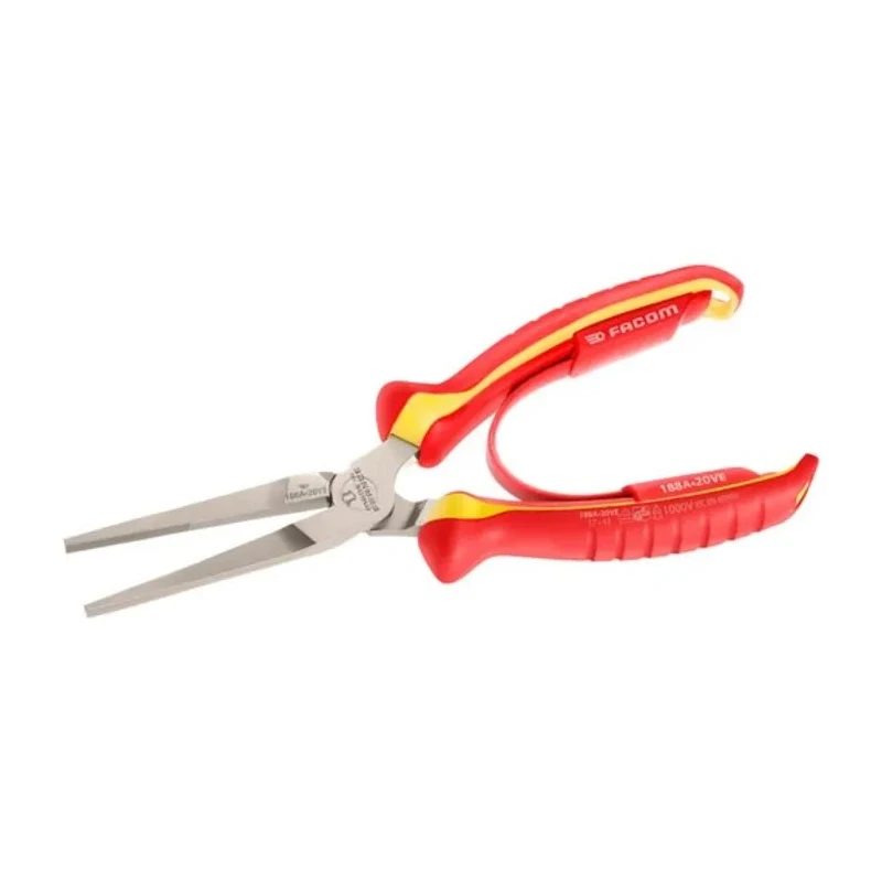 Facom 1-Piece Flat Nose Plier, 200mm Overall Length, VDE/1000V Approved, High Carbon Steel, Bi-Material Ergonomic 188A.20VE