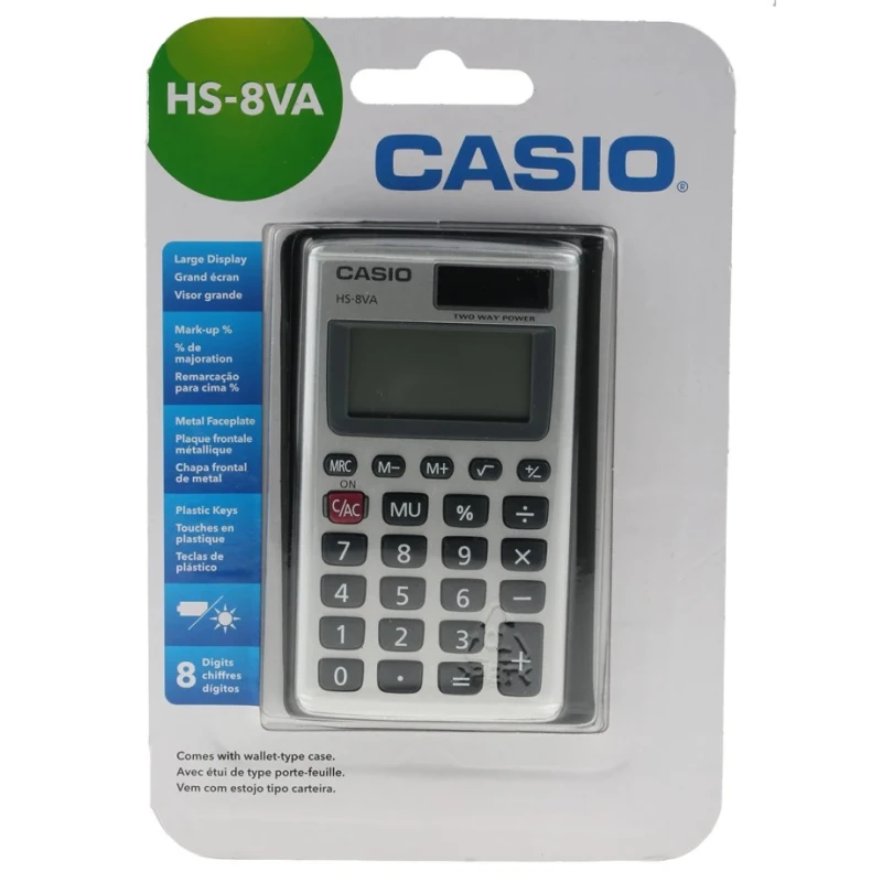 Casio Pocket Calculator Solar Power Supply Battery Powered 8 Digits Grey HS-8VA HS-8VA-