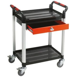 RS PRO 2 Shelf Aluminium Frame Rubber Wheel Trolley with Lockable Drawer, 630 mm Platform Length, 100 kg Load 669-3765